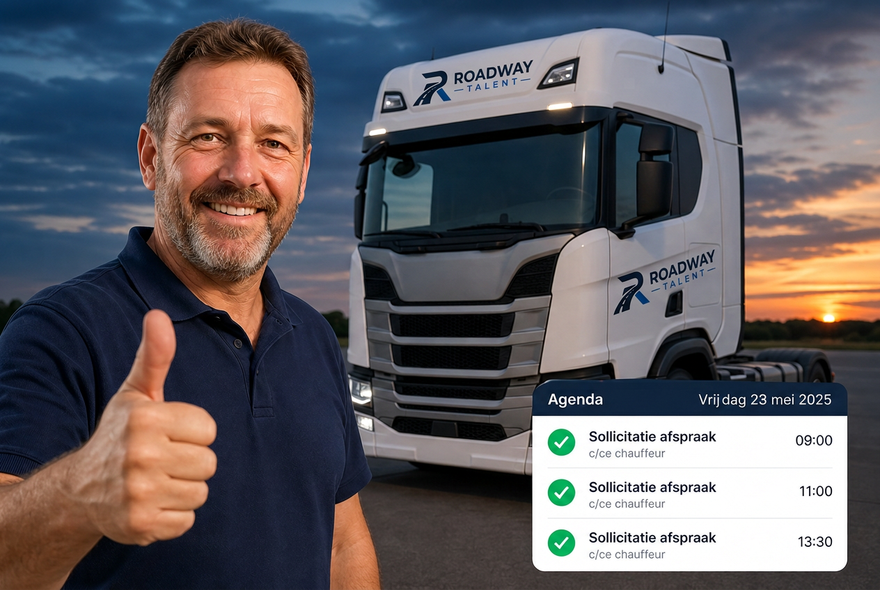 Blije C/CE chauffeur met duim omhoog voor een vrachtwagen, met een agenda-overlay vol ingeplande sollicitatieafspraken